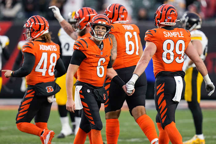 Cincinnati Bengals quarterback Jake Browning (6) comes off the field on fourth down in the fourth quarter of the NFL Week 12 game between the Cincinnati Bengals and the Pittsburgh Steelers at Paycor Stadium in Cincinnati on Sunday, Nov. 26, 2023. The Steelers took a 16-10 win over the Bengals in Cincinnati.